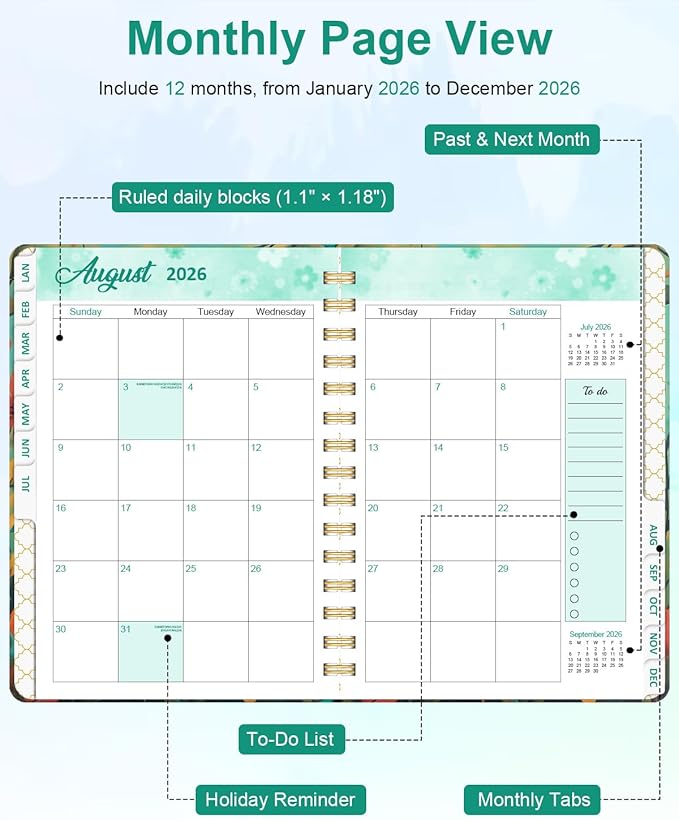 2026 Weekly and Monthly Planner - 2026 Hardcover Calendar Planner, Jan. 2026 - Dec. 2026, Daily Agenda Book with Tabs, Twin-Wire Binding, Back Pocket, School Teacher Student Supplies, A5(6.3" x 8.5") (Cat)