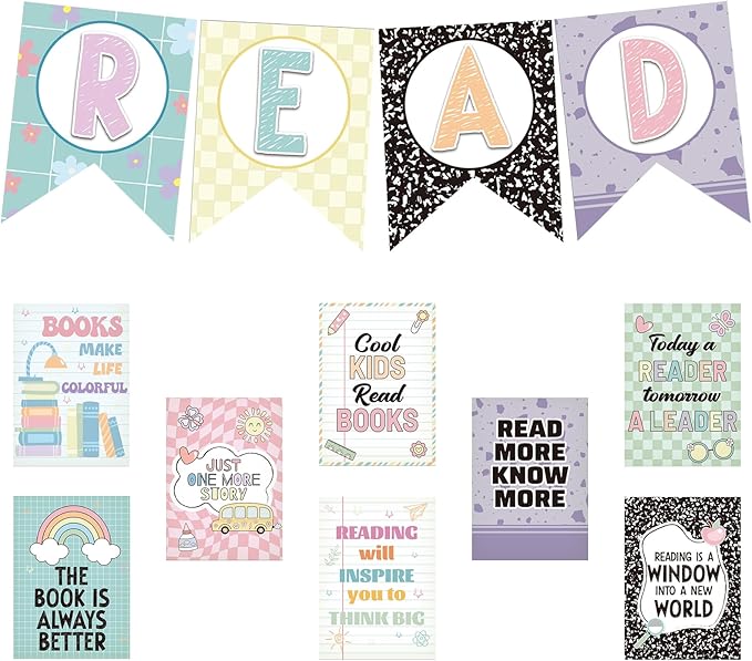 Reading Classroom Decorations Library Posters Bulletin Board Sets for Elementary Classroom Pennants Decor for Back to School Nursery Library Teacher Supplies(Macaron Colors)