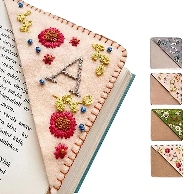 Personalized Hand Embroidered Corner Bookmark, 26 Letters Hand Stitched Felt Corner Letter Bookmark, Cute Flower Embroidery Bookmarks for Book Reading Lovers Meaningful Gift (Fall，I