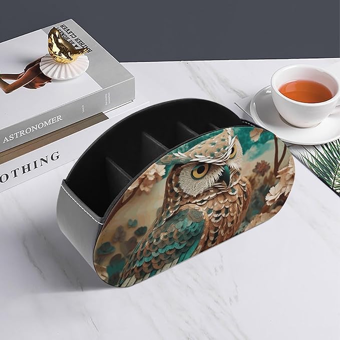 Owl Remote Control Holders Pu Leather TV Remote Holder with 5 Compartments Desktop Storage Organizers Remote Caddy Box for TV Remotes/Media Controllers/Office Supplies