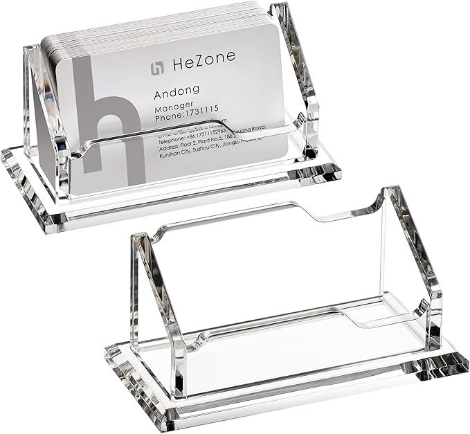 HeZone Acrylic Card Holder Clear Horizontal Business Card Organizer Stand for Desk 1 Slots Business Cards Stand for Women and Men,Desk Accessories for Office, Tabletop (2pack)
