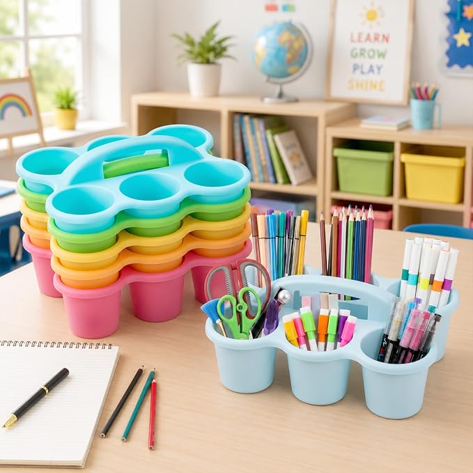 Plastic Caddy with Handle Set of 6 Classroom Caddy Organizer Cup Caddies Water Bottle Storage Crayon Caddies Plastic Cup Holder Drink Carrier for School Home Office Supplies (Pastel)