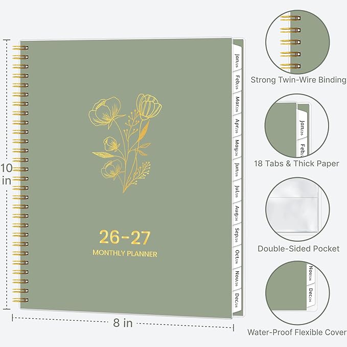 2026-2027 Monthly Planner, 18 Monthly Calendar Planner, January 2026 - June 2027, 8’’ x 10’’, 2026 Spiral Agenda with Tabs ＆Pocket, Flexible Cover, Organizer Notebook for Office Home School, Flowers