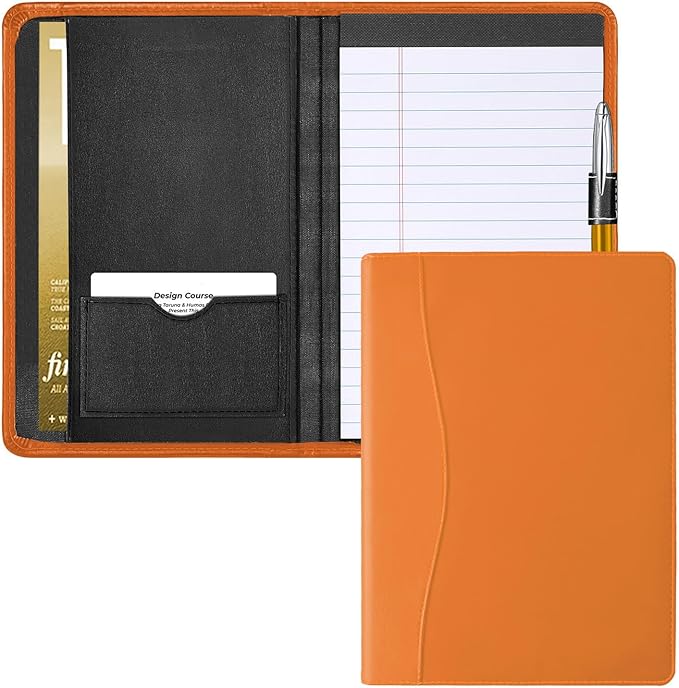 Mini Padfolio/Junior Portfolio Folder Case, Business A5 Binder Organizer Notepad for Men Women, 5 x 8 Writing Pad Included, Orange