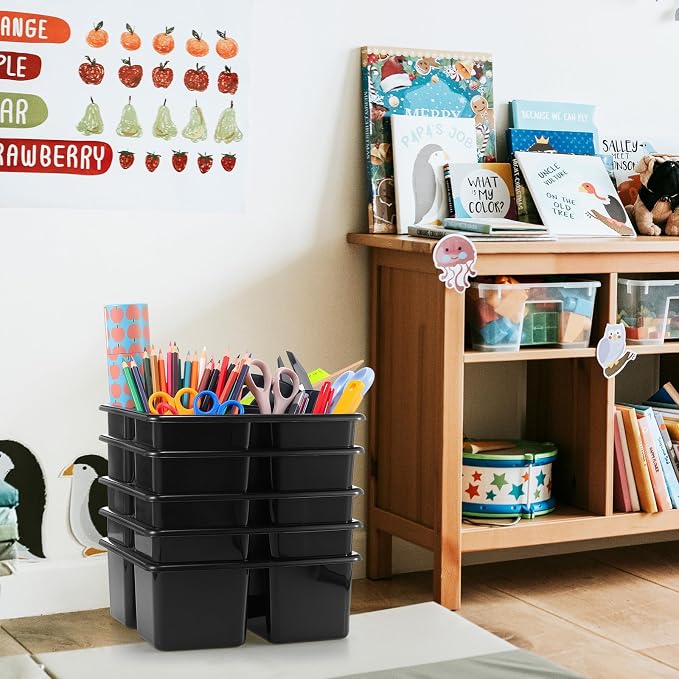 Threehoney 12 Pack Classroom Caddy Storage Basket with Handle 3 Compartment Plastic Storage Caddy Bulk for Arts Office Crafts Pencil Crayon Marker School Supplies(Black)