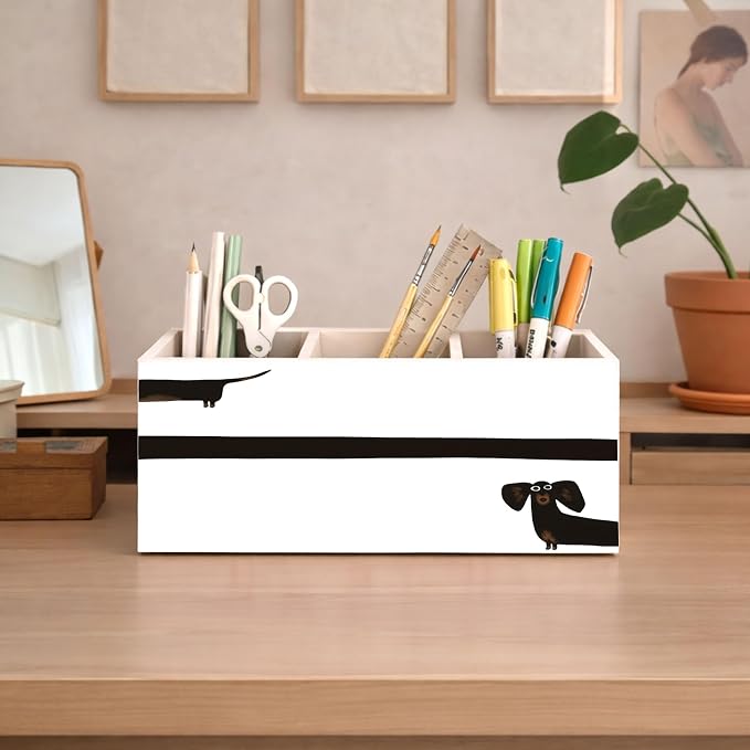 Dachshund Wooden Desk Organizer, Cute Sausage Dog Design Pen Pencil Holder with 3 Compartments, Decorative Office Supply Storage Box for Desk, Home, Office, Gift for Dog Lovers