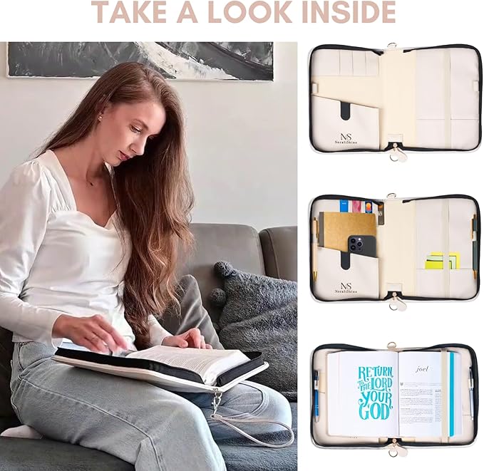Regular Bible Cover Case for Bibles UP to 9.5"X6.7"X2.3", Bible Cases for Woman, PU Leather Bible Covers for Women w/Shoulder Strap, Zipper Closure, Ideal for Christian Art Gifts Bible Cover, Cream