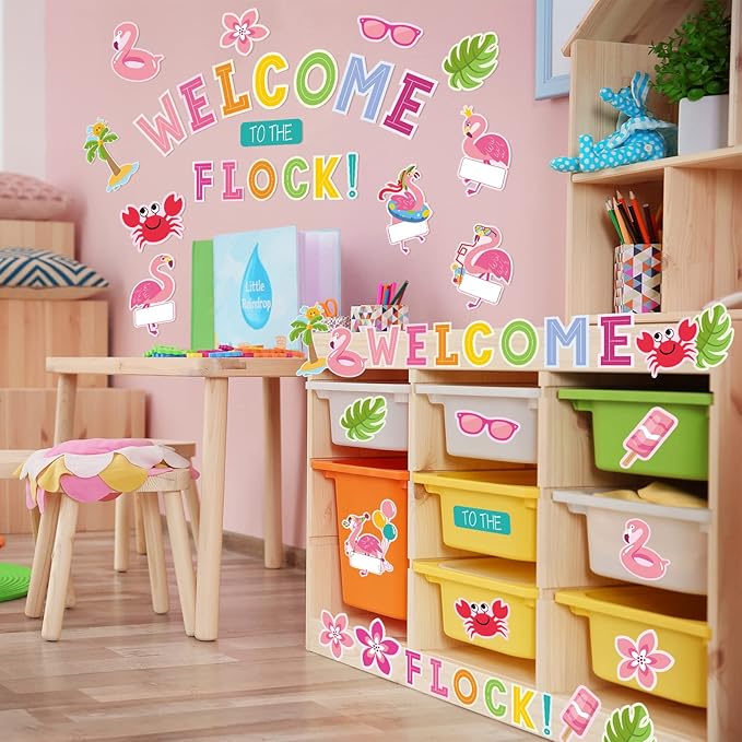 Whaline 59Pcs Flamingo Bulletin Board Decor Tropical Pink Flamingo Classroom Decor Summer Beach Back to School Decoration Welcome to The Flock Cutouts for Hawaiian Luau Party School Classroom