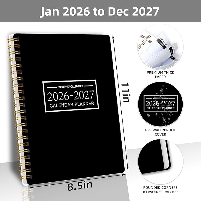 Monthly Planner Jan 2026 - Dec 2027, Monthly Planner for 24 Monthes, 9×11 Inch, Teacher Monthlys, Hard PVC Cover, Spiral Bound, Time Management Calendar, Perfect for School & Office (Black)