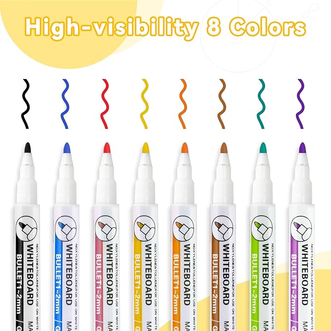WALGLASS Dry Erase Markers, 8 Count Magnetic Whiteboard Markers with Eraser, Fine Tip For Writing on White Board, Dry Erase Calendar Board, Fridge Calendar for School Office Home - 8 Colors