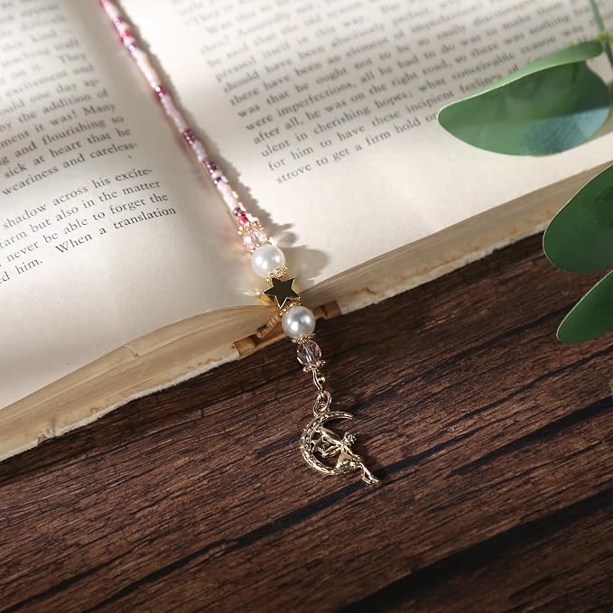 Moon Fairy Strawberry Beaded Bookmark - Pink Gold Beads Book Mark for Women, Unique Whimsical Cottagecore Accessories Bookish Gifts for Booklovers Students Teachers