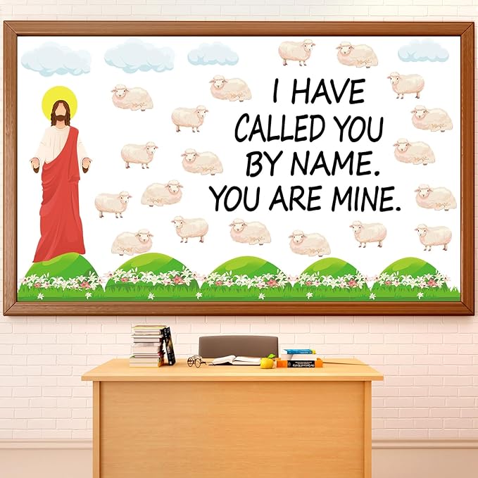 Christian Jesus Bulletin Board Set Religious Classroom Decorations I Have Called You By Name Bulletin Board Sheep Paper Cutouts for Sunday School VBS Home Church Chalkboard Door Wall Decor