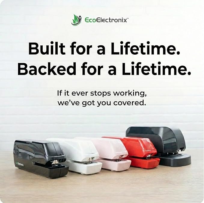 EcoElectronix Portable Automatic Electric Stapler Pro - 30 Sheet Capacity, Quiet Operation, Jam-Free and Easy Reload - AC Adapter/Battery Powered, (White)