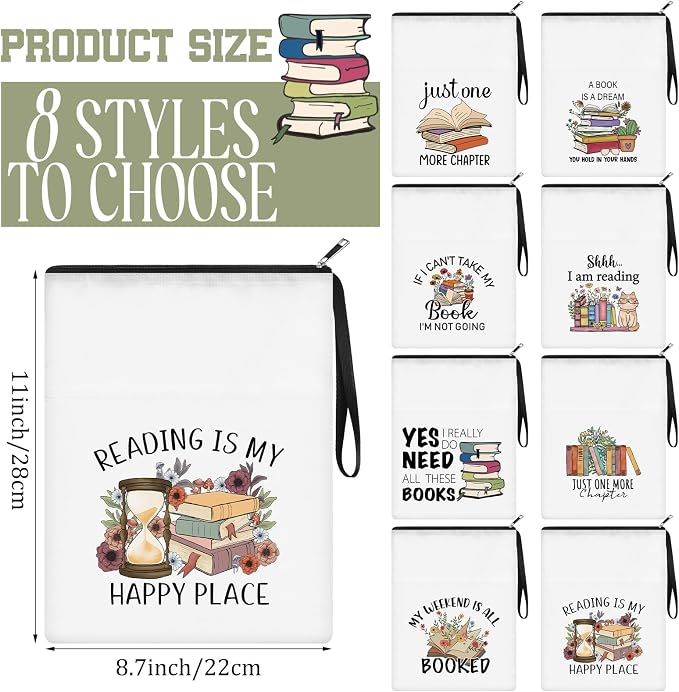 8 Pcs Book Club Gifts Book Pouch Sleeves Bulk with Zipper and Pocket Paperback Sleeve for Librarian Lovers Bookish Group Club Gifts, 11 x 8.7 Inch