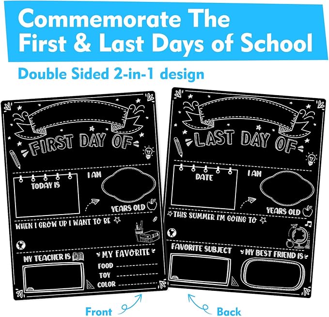 First Day of School Sign Board with 6 Colorful Liquid Chalk Markers - 11"x14" Double-Sided & Reusable - First and Last Day of Kindergarten Preschool Sign - Back to School Signs Supplies