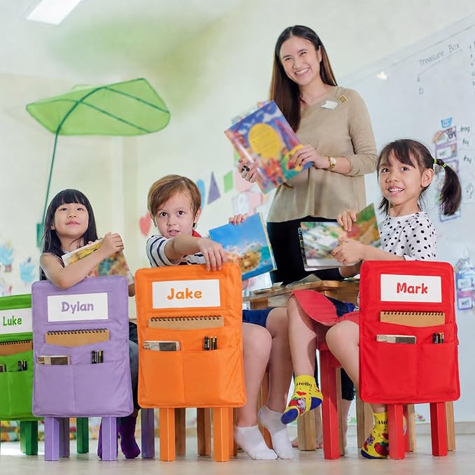 36pcs for Classroom 16.3x19.7inch Classroom Chair Pockets with Name Tag 3 Pockets Chair Organizer for Teacher Student School Office(Rainbow)