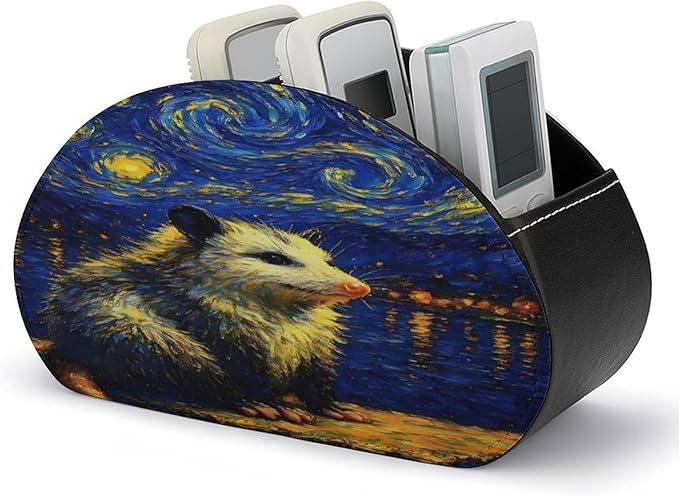 Opossum Starry Night Remote Control Holder with 5 Compartment PU Leather Multi Functional Desk Storage for TV Remotes Office Supplies