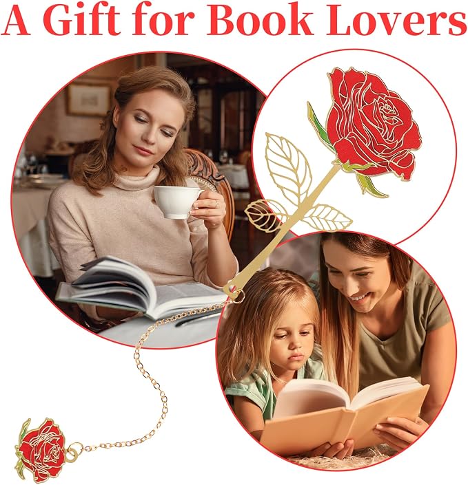 Bewudy Red Rose Bookmark with Flower Pendant, Metal Book Page Holder for Reading Lovers, Unique Gifts BookMarkers for Women, Her, Mom, Librarian, Teacher Book Lovers