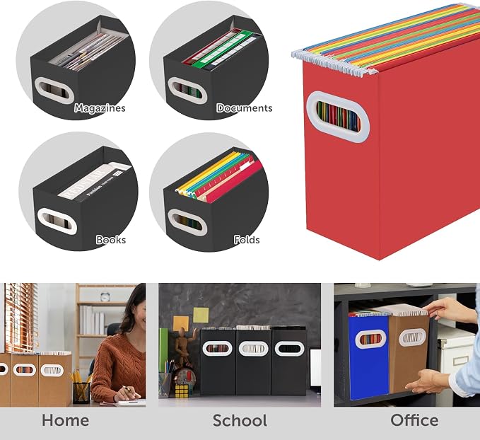 Collapsible File Organizer Box with Handle – Cardboard Hanging File Folder Storage Crate for Desk, Office, School, or Home – Colorful Portable Filing Box, Document Organizer, Magazine Holder
