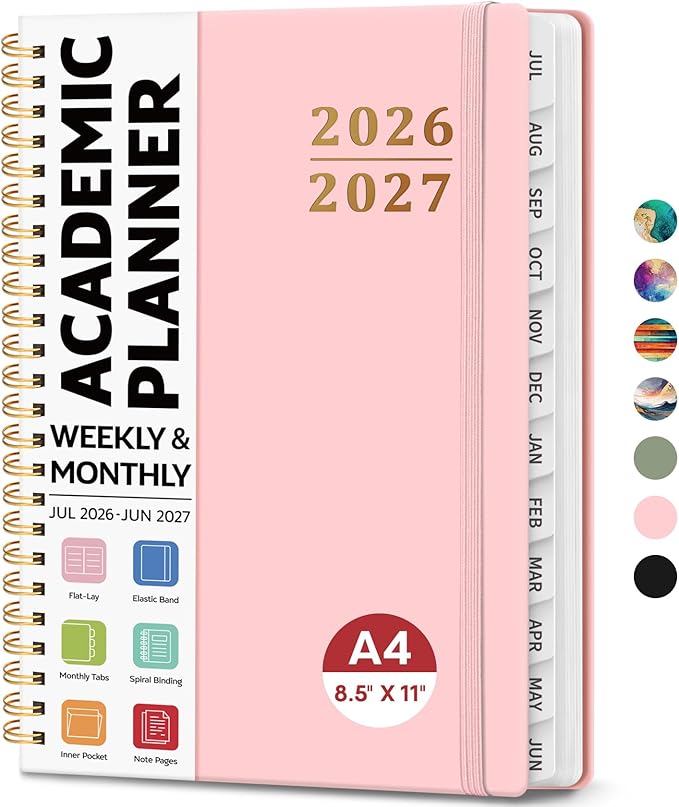 8.5" x 11" Academic Planner 2026-2027, Weekly & Monthly Calendar Planner Book, July 2026 – June 2027, Large Hardcover Organizer with Tabs, Perfect for Teachers, Students, Women & Men – A4, Pink