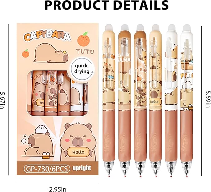 12 PCS Cute Erasable Pens,Capybara Erasable Gel Ink Pens,0.5mm Black Ink - Retractable,Cute Capybara School Supplise,Kawaii Capybara Stationery Set, Perfect for Office, School, Women,Man
