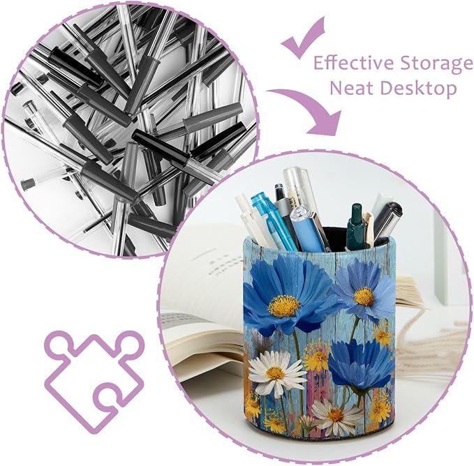 Rural Wooden Flowers Leather Pen Holder for Desk, Multifunctional Desktop Organizer Pencil Cup, Desktop Caddy Stationery Organizer for School Home Office Desk Accessories