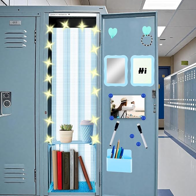 16 Pcs Locker Accessories Kit Blue Locker Organizer Decorations Include Striped Wallpaper String Light Magnetic Whiteboard Mirror Storage Cup Marker Rug Organizing Shelf for Back to School Supply