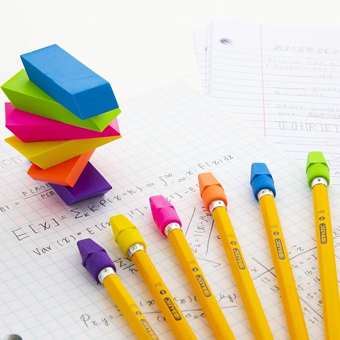 BAZIC Products Erasers + Pencil Top Erasers Set (12/Pack), Block Bevel Erasers Neon Color, Arrowhead Caps Tops, Latex Free, for Art Drawing School, 1-Pack