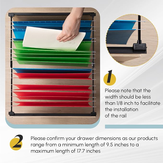 24 Pcs Metal Adjustable File Cabinet Rails Set Include 16 Hanging File Rail Clips 8 Cabinet Dividers Bars Suitable for Cabinets with Drawer Thickness Less Than 1/8 Inch(Black,10-18.5 Inch)