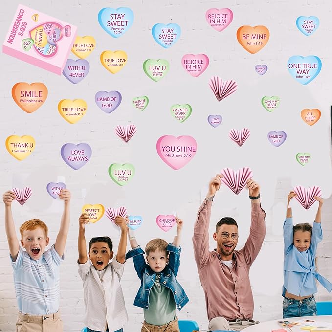 3D Valentine’s Day Conversation Heart Christian Bulletin Board Decorations Candy Heart Cutouts Border Trim Religious Jesus Sunday School Classroom Door Decor for Chalkboard Valentines Party Supplies