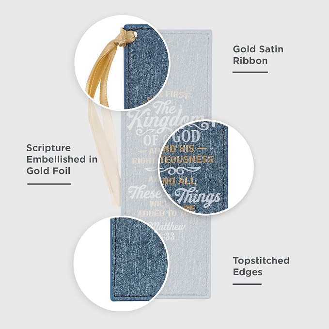 Christian Art Gifts Sparkly Metallic Blue Faux Leather Bookmark for Women: Seek First the Kingdom of God - Matthew 6:33 Inspirational Scripture Bible Verse for Reading Books w/Golden Satin Ribbon