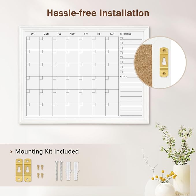 DOLLAR BOSS Magnetic White Board Calendar 24''x 18'', Monthly Dry Erase Planner for Wall with White Wood Style Frame for Office, School, Dorm, Home Decor