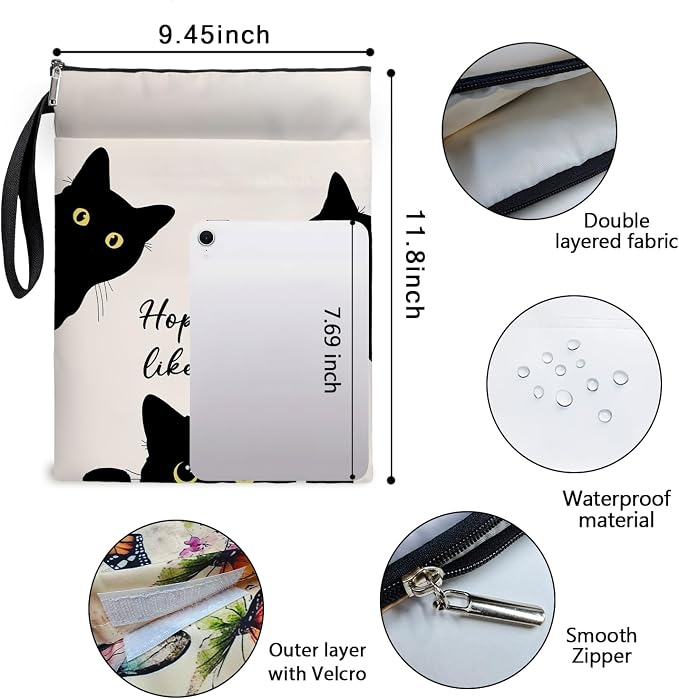 Book Cover Black Cat Inspired Gift, Cat Merch Pattern Reusable Book Pouch, Zippered Book Cover Protector for Book Lovers, Kindle Sleeve Pouch, Bookish Gifts for Readers, Paperback