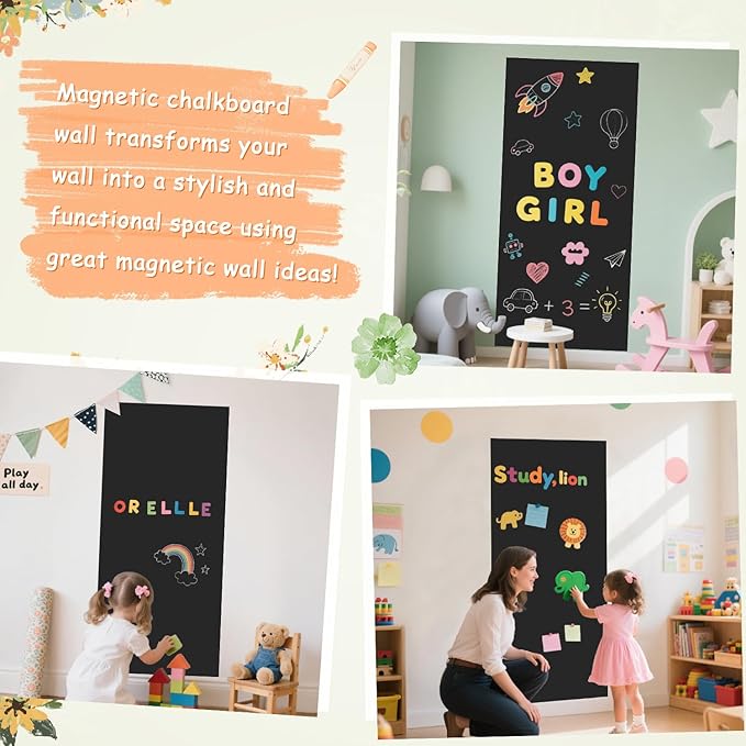 Magnetic Wall Decal 47.2x17.5 Inches Black Magnetic Wall Decal Chalkboard Magnet Wallpaper with Multiple Accessories for Home Playroom and Classroom