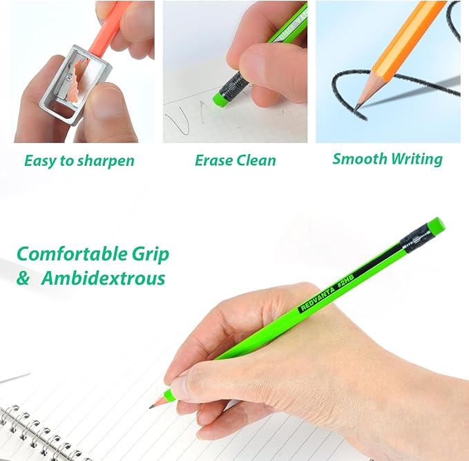 Pre-Sharpened Pencils #2 HB for Kids, Neon School Number 2 Pencils with Latex-Free Erasers, Smooth Writing, Break-Resistant, Easy to Sharpen, Comfort Grip, Back to School Supplies, 12 Count