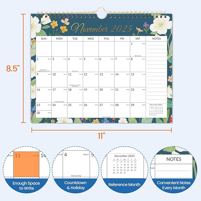 SUNEE Calendar 2026 Wall- 18 Months Wall Calendar Oct. 2025 - Mar. 2027, 11"x8.5" Horizontal Hanging Calendar with Note for Organizing & Planning, Floral