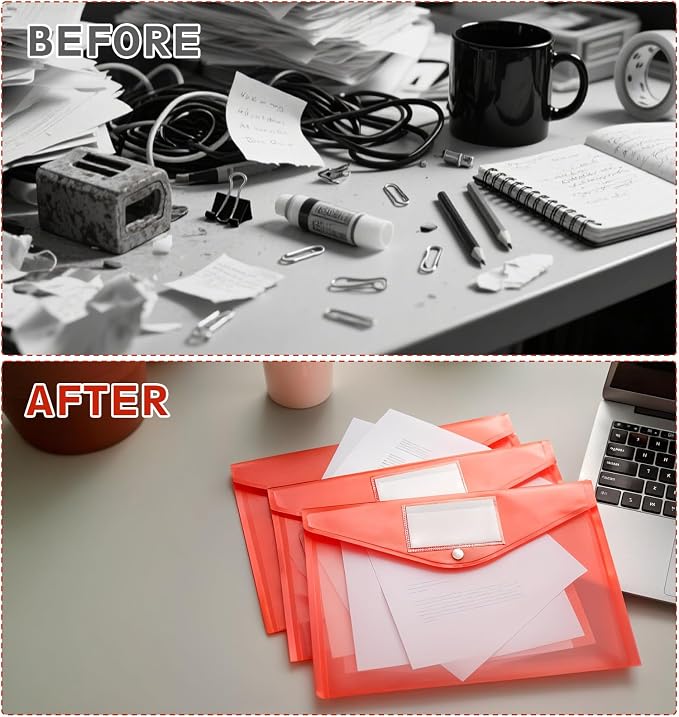 30 Pcs A4 Plastic Envelopes with Snap Closure, Red Plastic Envelopes A4 Size Poly File Folders, Plastic File Organizer with Label Pocket & Snap Button for School Home Organization (12.8 x 9.3 Inches)