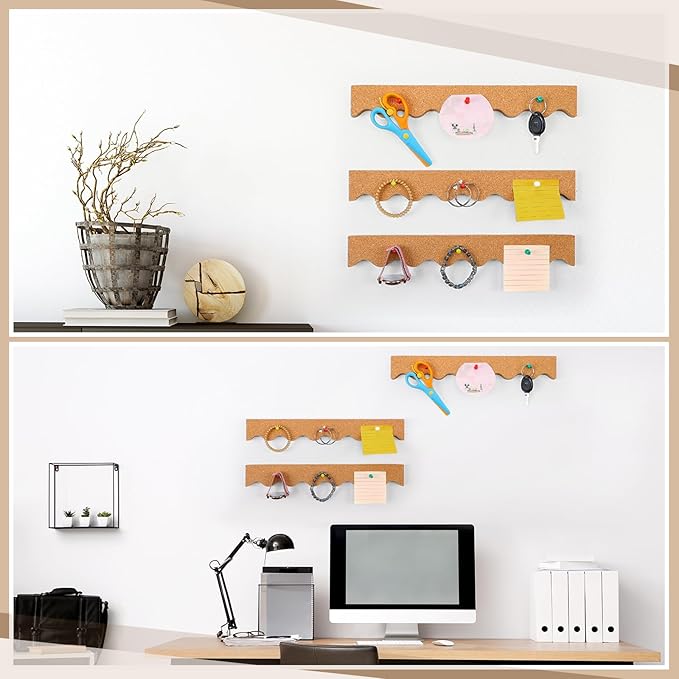 CroBlissful 4 Pcs Cork Strips Bulletin Bar Strip for Wall 14. 5 x 2 Inch Frameless Cork Board Strips with 50 Push Pins, Self Adhesive Backing, for Classroom Office Home Cubicle (Waved Style)