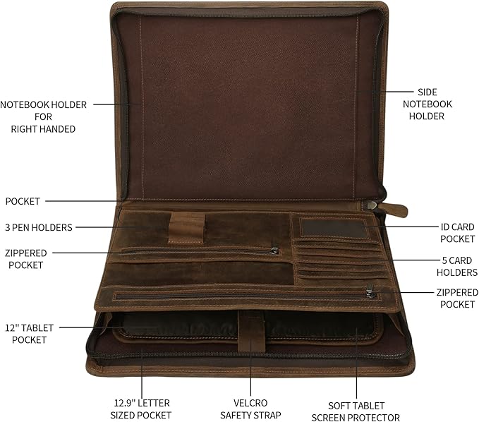 Ringsun Leather Portfolio Organizer with Zipper for Men Women, Leather Padfolio Business Resume Legal Pad Portfolio Notebook Binder for A4/Pad, Brown