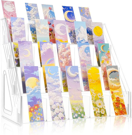 Acrylic Bookmark Display Stand with Divided Pockets, Portable Sticker Holder Tiered Display Stand, Clear Desk Organizer for Home, Retail or Craft Fair Use(20 Pockets, 4 Tier)