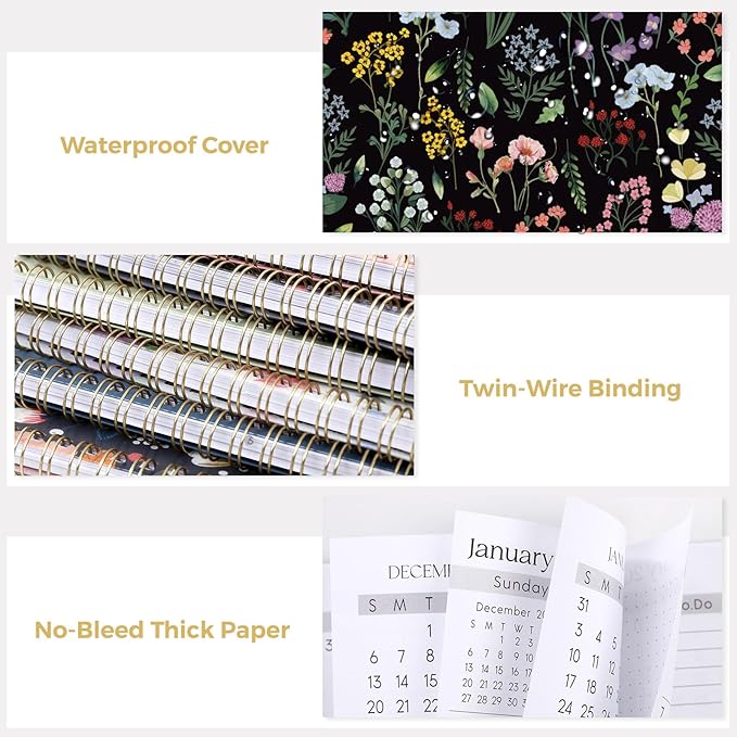 SKYDUE Monthly Planner 2026-2027, 24 Months Calendar Planner 2026-2027, 7.5" x 10" B5 Planner, Twin-wire Spiral Bound, Durable Waterproof Cover, Thick No-Bleed Paper, BlackFloral