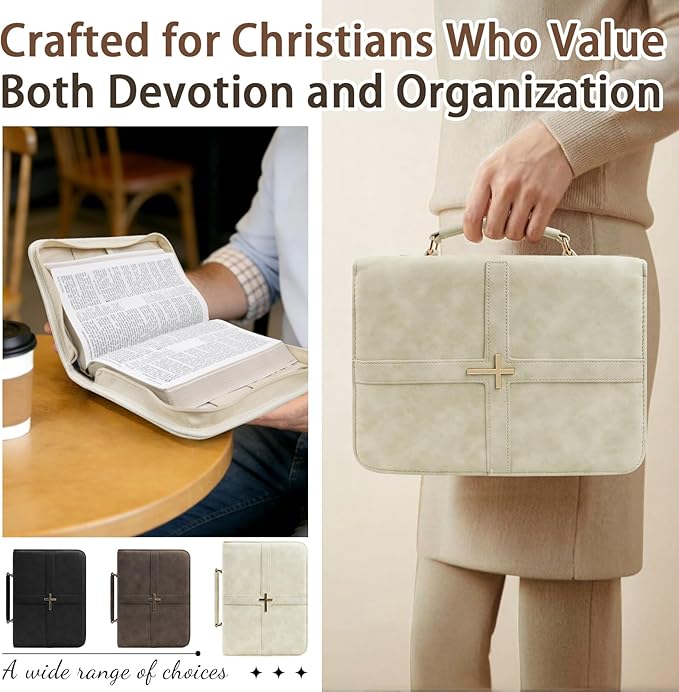 Classic Leather Bible Cover Case with Cross Design and Handle for Men Women, Durable Bible Study Supplies Organizer Carrying Bag, Perfect Christmas Gifts for Christians with Gift Box（Beige