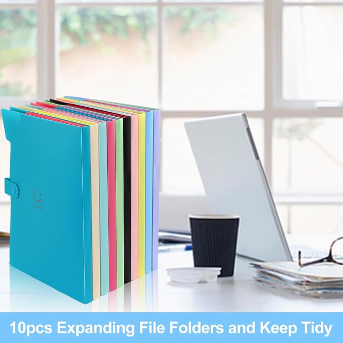 Expanding File Folders with 5 Pocket,A4 Letter Size Accordion Document Organizer,Plastic Expandable File Folder with Snap Closure, 120 Labels in 12 Colors for Office Supplies, Pack of 10