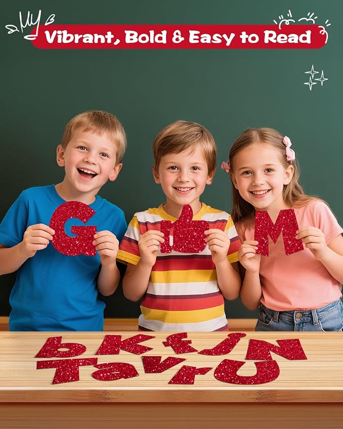 249 Pcs Glitter Bulletin Board Letters Numbers and Punctuation, 4 Inch Alphabet Poster Board Cardboard Letter Cutouts with Adhesive Dots for Classroom Bulletin Board School Decorations (Red)