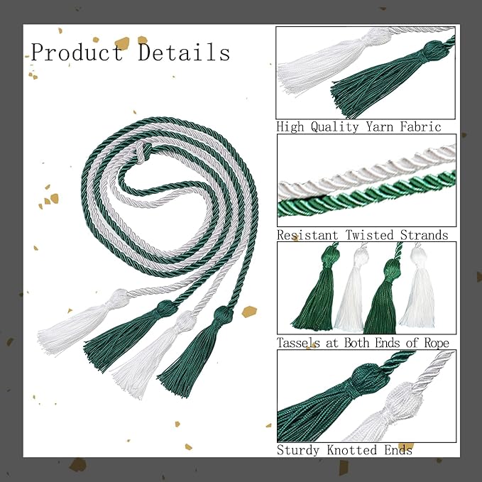 Graduation Double Honor Cords with Tassels Braided Academic Ropes for High School College Ceremony 68 Inch (Emerald Green+White)