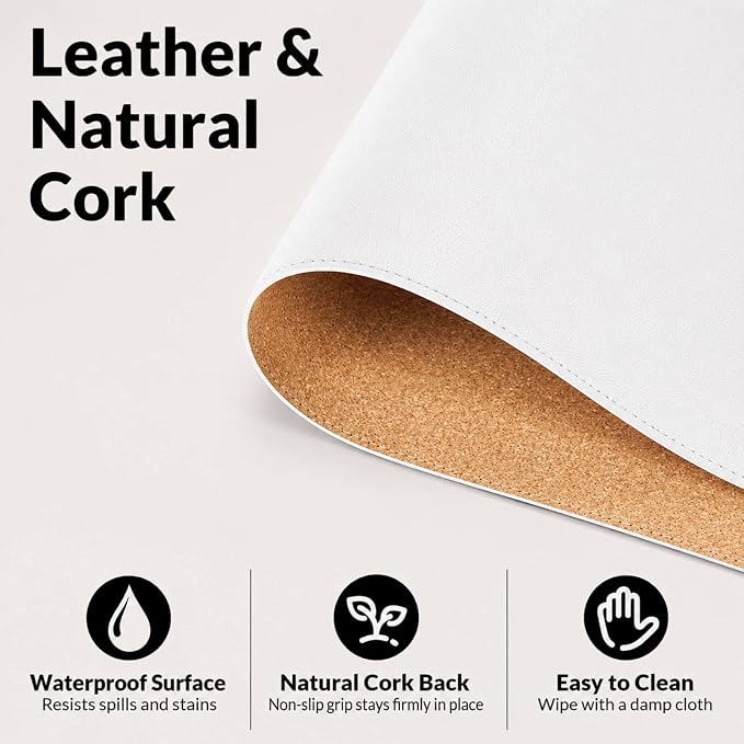 AFIING Cork Desk Mat 35.4" x 17", Dual-Sided Natural Cork & PU Leather Desk Pad, Non-Slip Waterproof Large Mouse Pad for Office, Home & Gaming, White