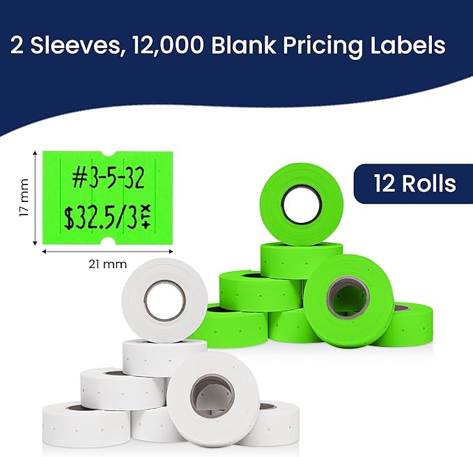Perco White & Green Pricing Labels for Perco 2 Line Price and Date Gun – One White & One Green Sleeve - 2 Sleeves, 16 Rolls Combo Pack - 12,000 Price Marking Labels – with Label Scraper Included