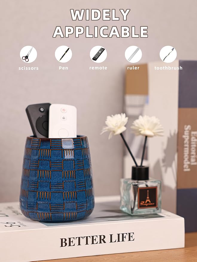 GDCZ Ceramic Remote Control Holder, Remote Caddy Organizer Storage, Remote Organizer for Table, TV Remote Holder, Makeup Brush Pen Holder, Space Save for Office Desk (Blue)