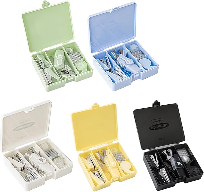 8Pieces Tool Set Includes Paper Hole Puncher Stapler Staple Scissors Staple Remover Marker Clear Adhesive Tape Scrapbook Photo Album Expansion Tool