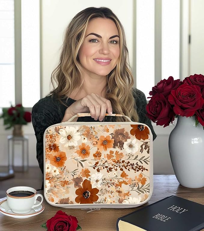 Fall Floral Bible Cover for Women | Wildflower Scripture Case with Zipper and Handle | Large Polyester Bible Bag with Pockets for Church, Study & Travel | Christian Gifts for Women
